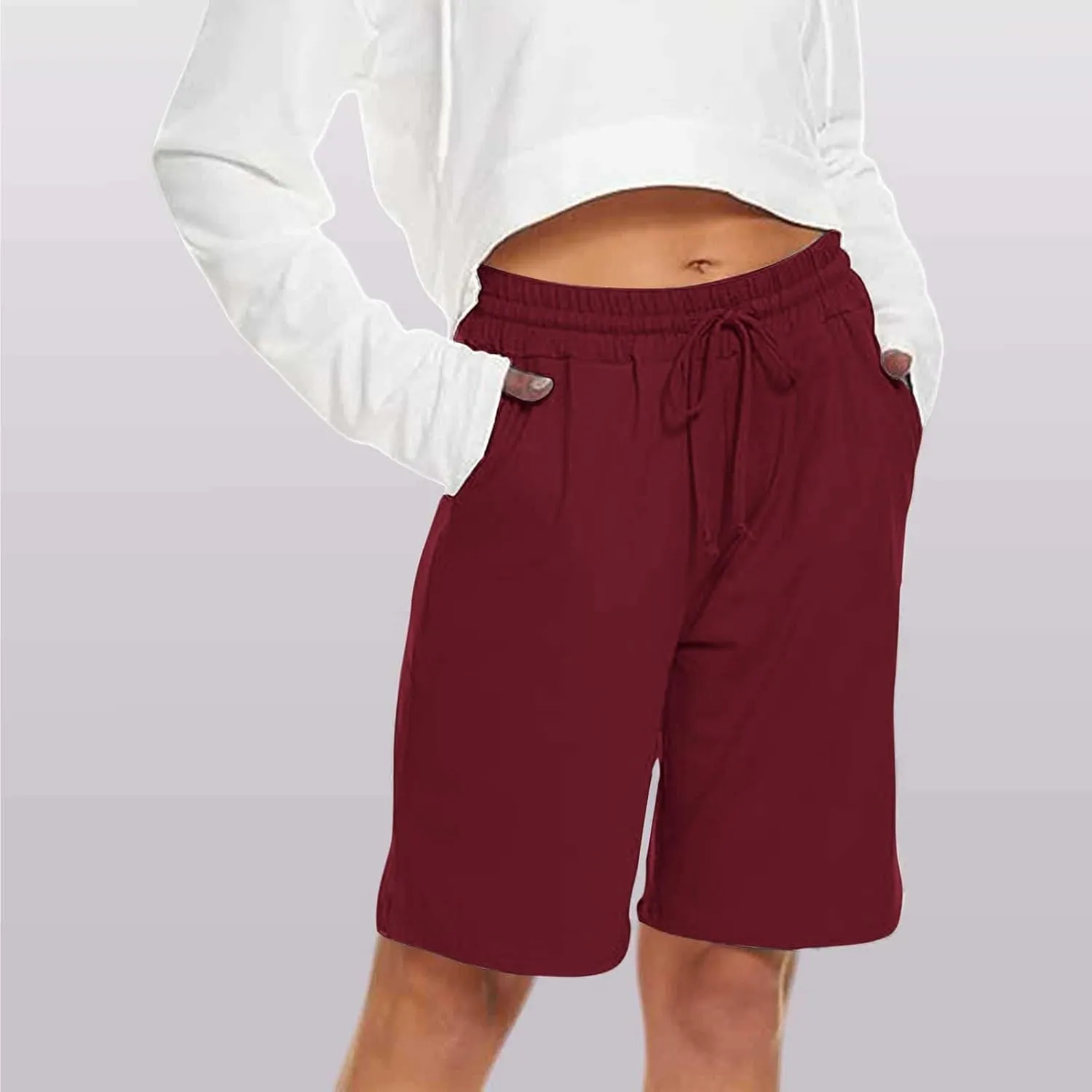 2024 Women's Bermuda Shorts with Deep Pockets Elastic Drawstring Waist 5" Long Shorts Women Lounge Walking Athletic Shorts