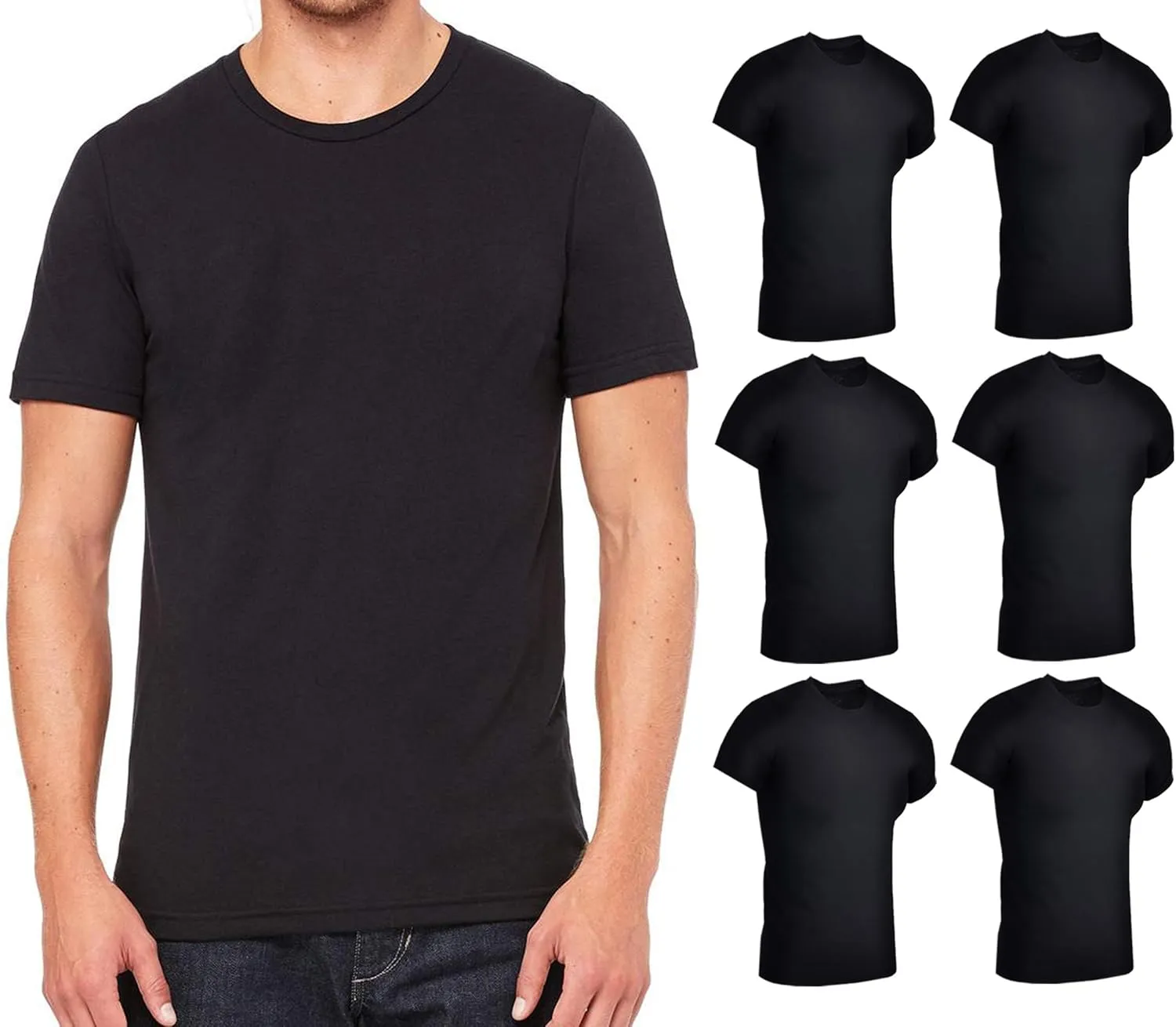 BILLIONHATS 6 Pack Mens Cotton Short Sleeve Lightweight T-Shirts, Bulk Crew Tees for Guys, Black Colors Bulk Pack (X-Large)