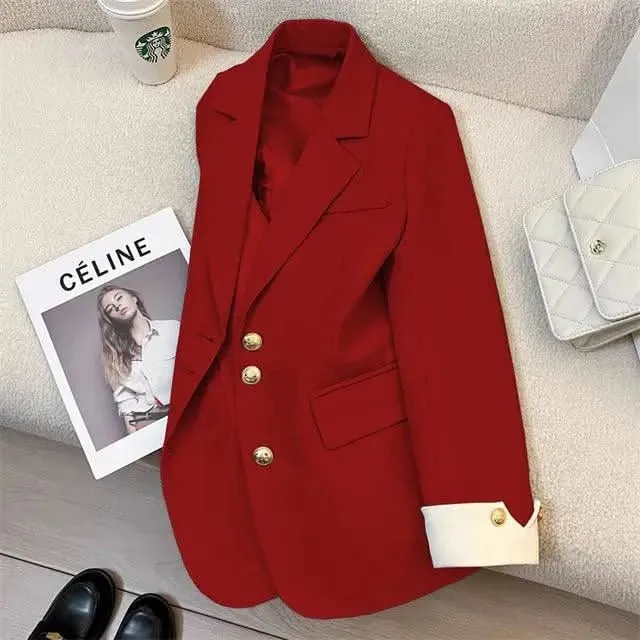 Chic Notched Blazer for Women – Solid Long Sleeve Office Jacket for Autumn/Winter