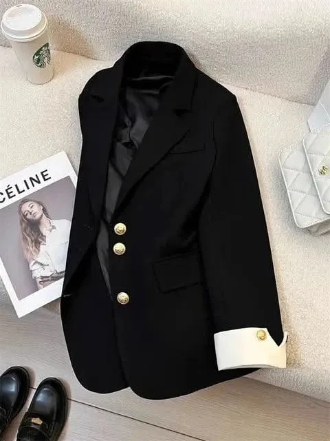 Chic Notched Blazer for Women – Solid Long Sleeve Office Jacket for Autumn/Winter