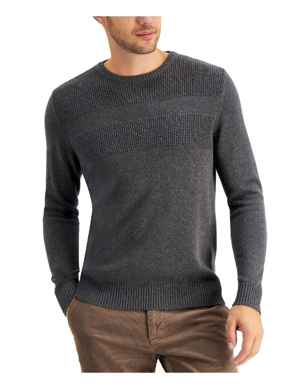 Club Room Mens 100% Cotton Ribbed Trim Sweater Grey Size L