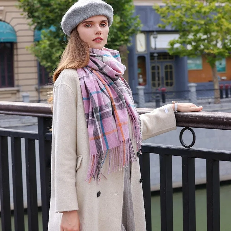 Contrast Color Plaid Tassel Thick Dourble-Side Warm Shawl Scarf