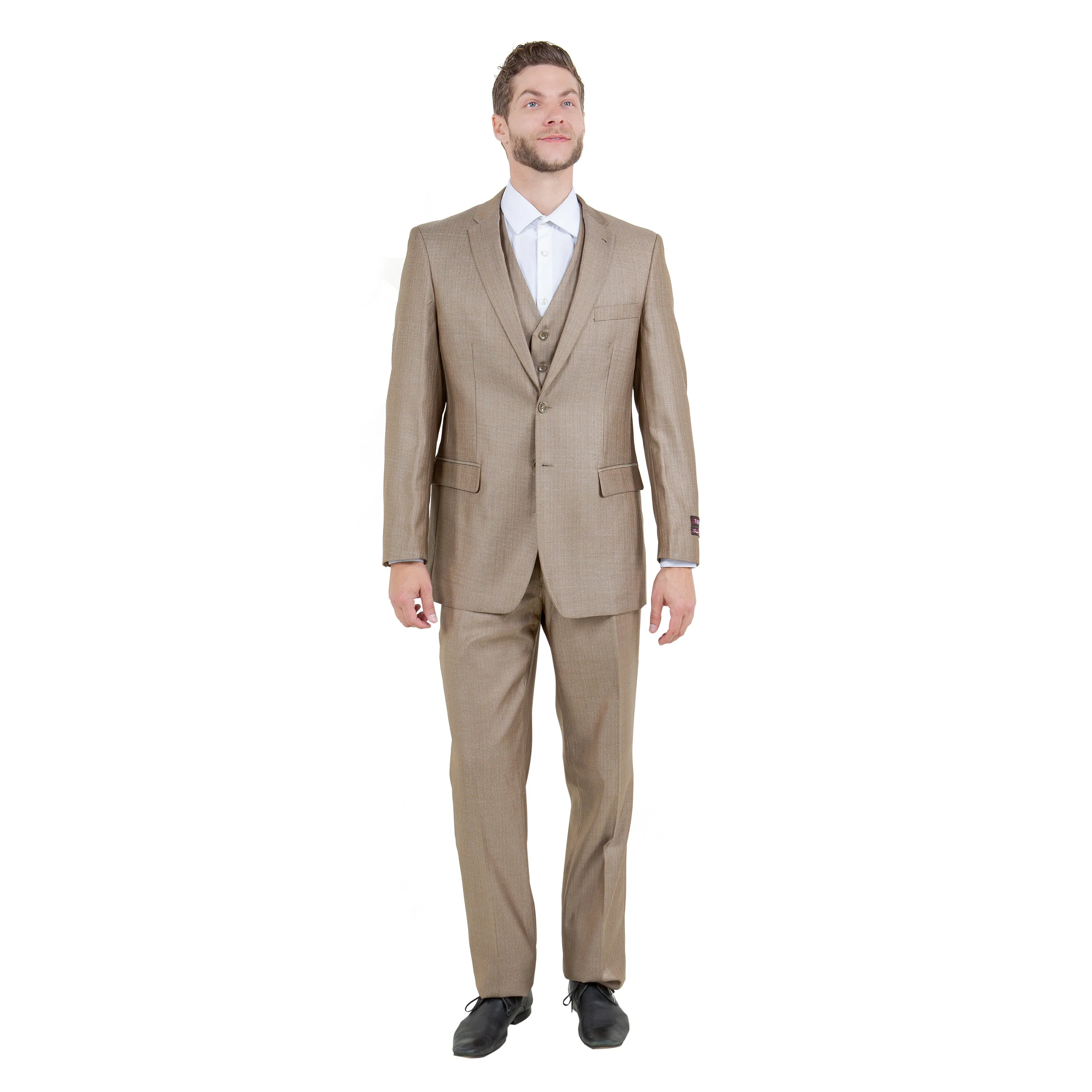 Dk Tan Solid Shiny Sharkskin 3-PC Regular Modern Fit Suits