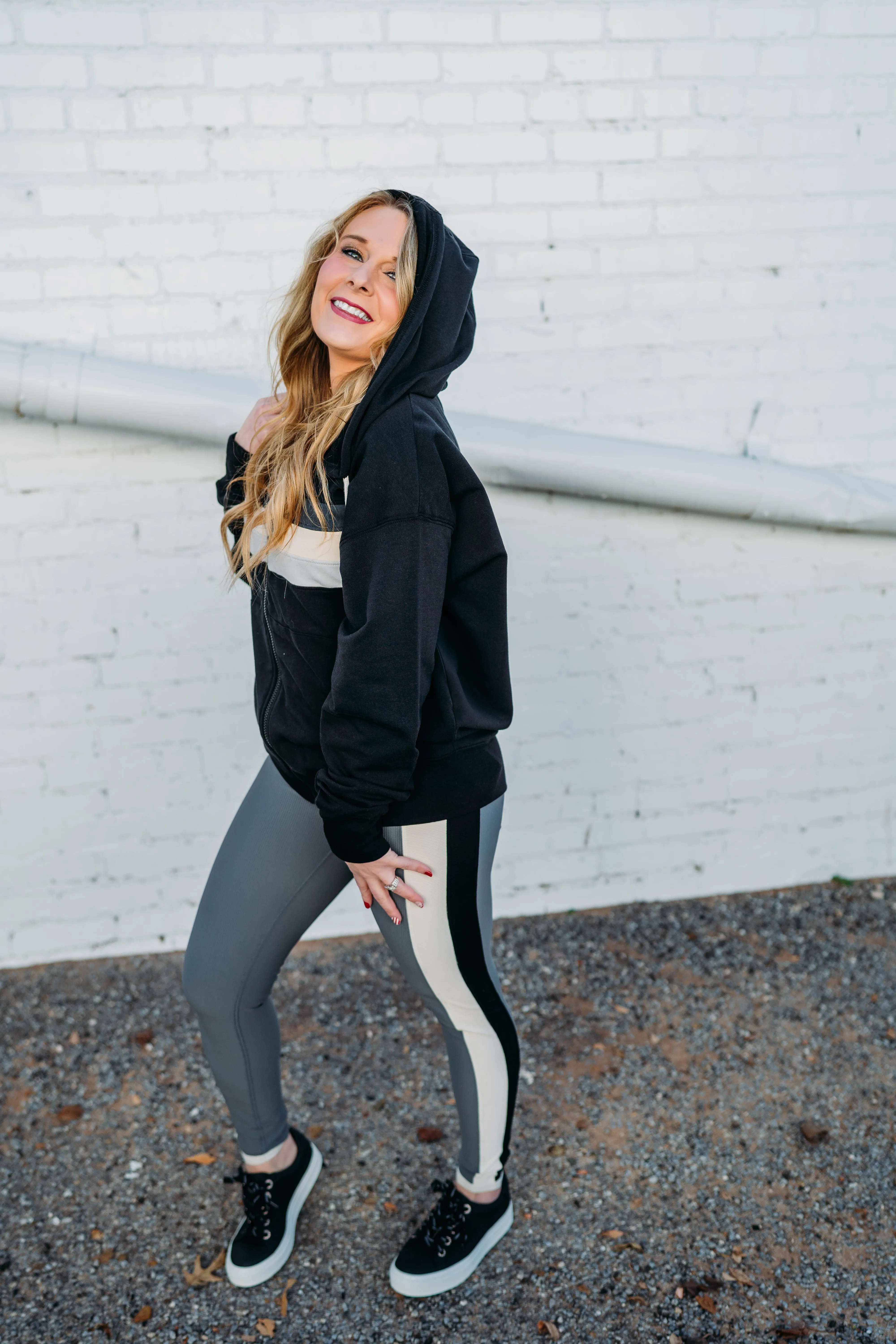 Glyder: Vintage Oversized Zip Up in Black and Carbon, Oatmilk, Ash Grey Stripes