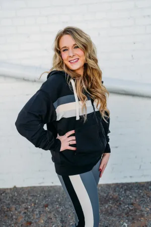 Glyder: Vintage Oversized Zip Up in Black and Carbon, Oatmilk, Ash Grey Stripes