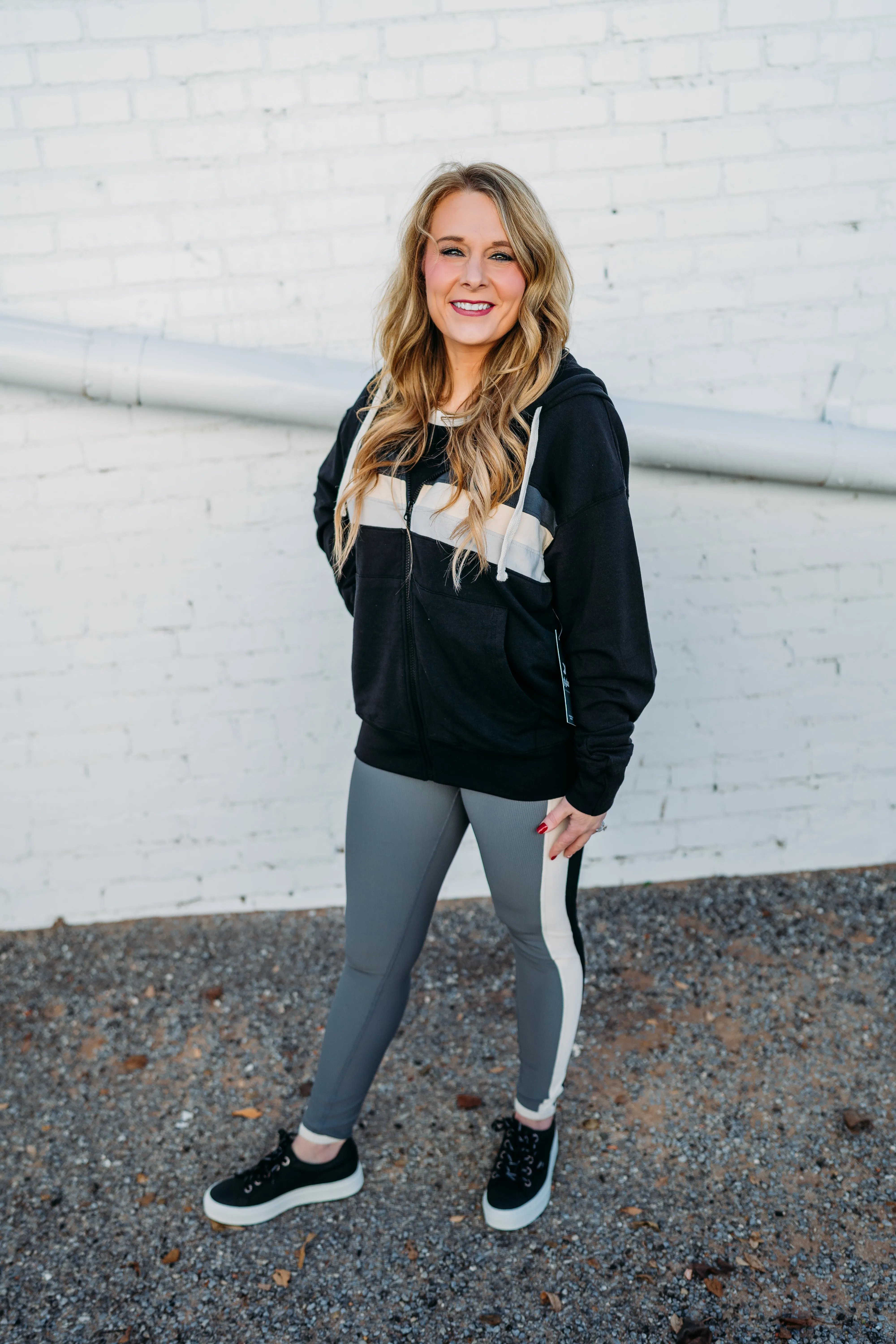 Glyder: Vintage Oversized Zip Up in Black and Carbon, Oatmilk, Ash Grey Stripes