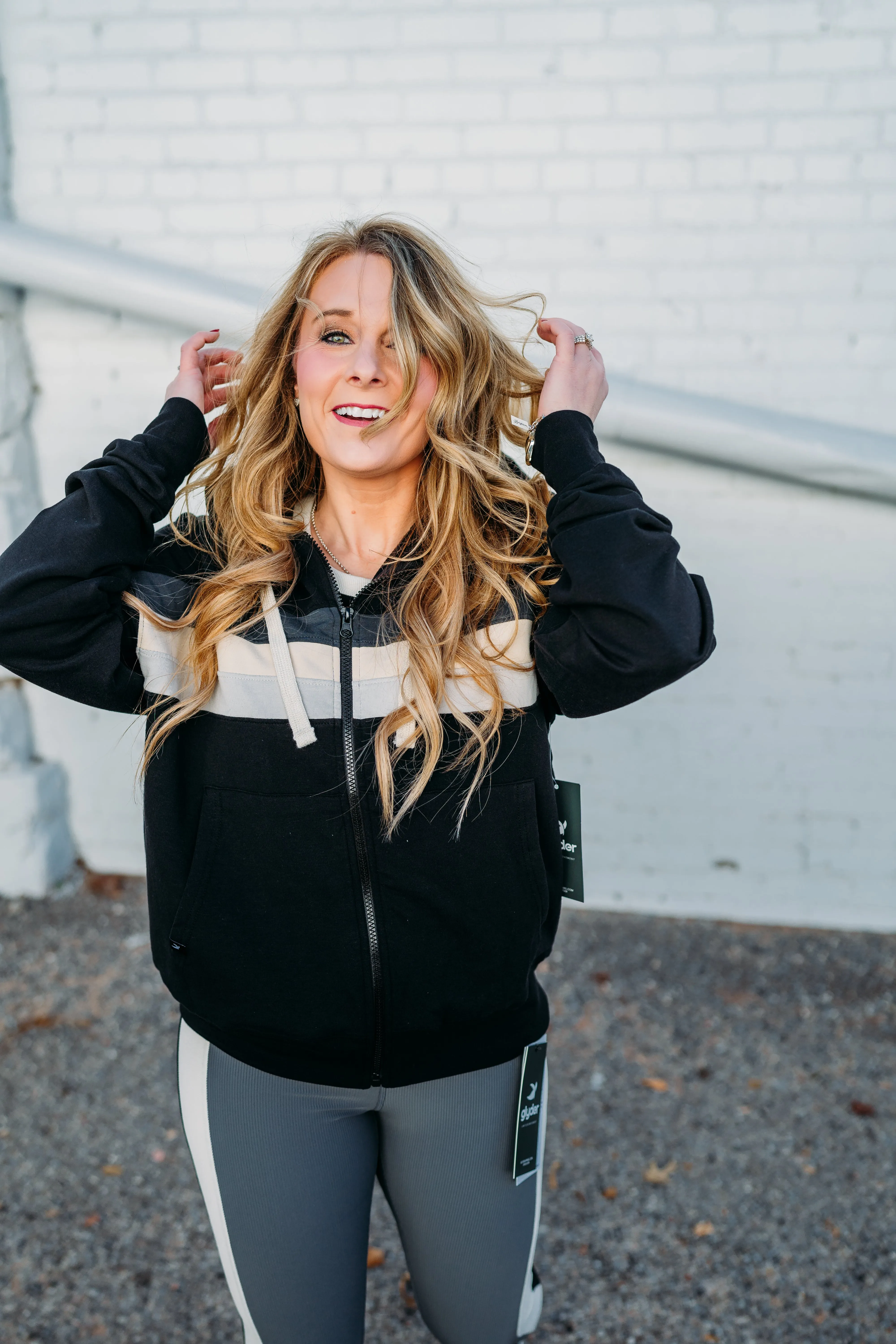 Glyder: Vintage Oversized Zip Up in Black and Carbon, Oatmilk, Ash Grey Stripes