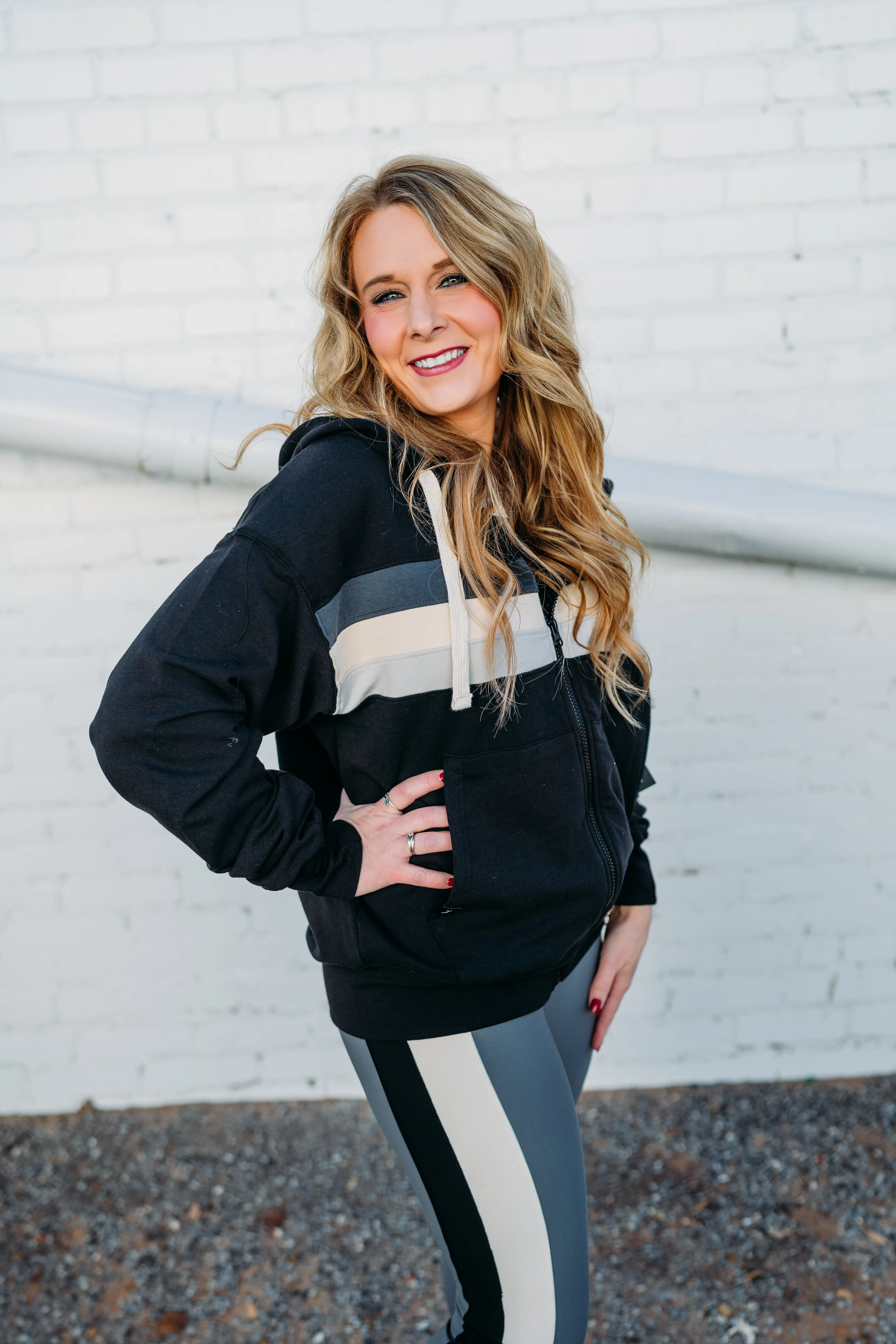 Glyder: Vintage Oversized Zip Up in Black and Carbon, Oatmilk, Ash Grey Stripes