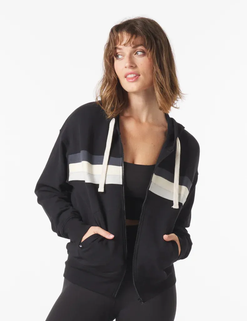 Glyder: Vintage Oversized Zip Up in Black and Carbon, Oatmilk, Ash Grey Stripes