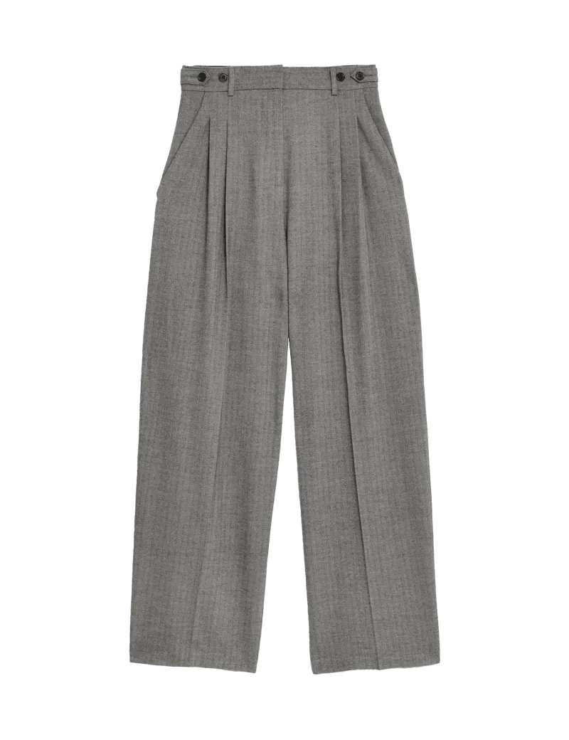 Herringbone Pleat Front Wide Leg Trousers