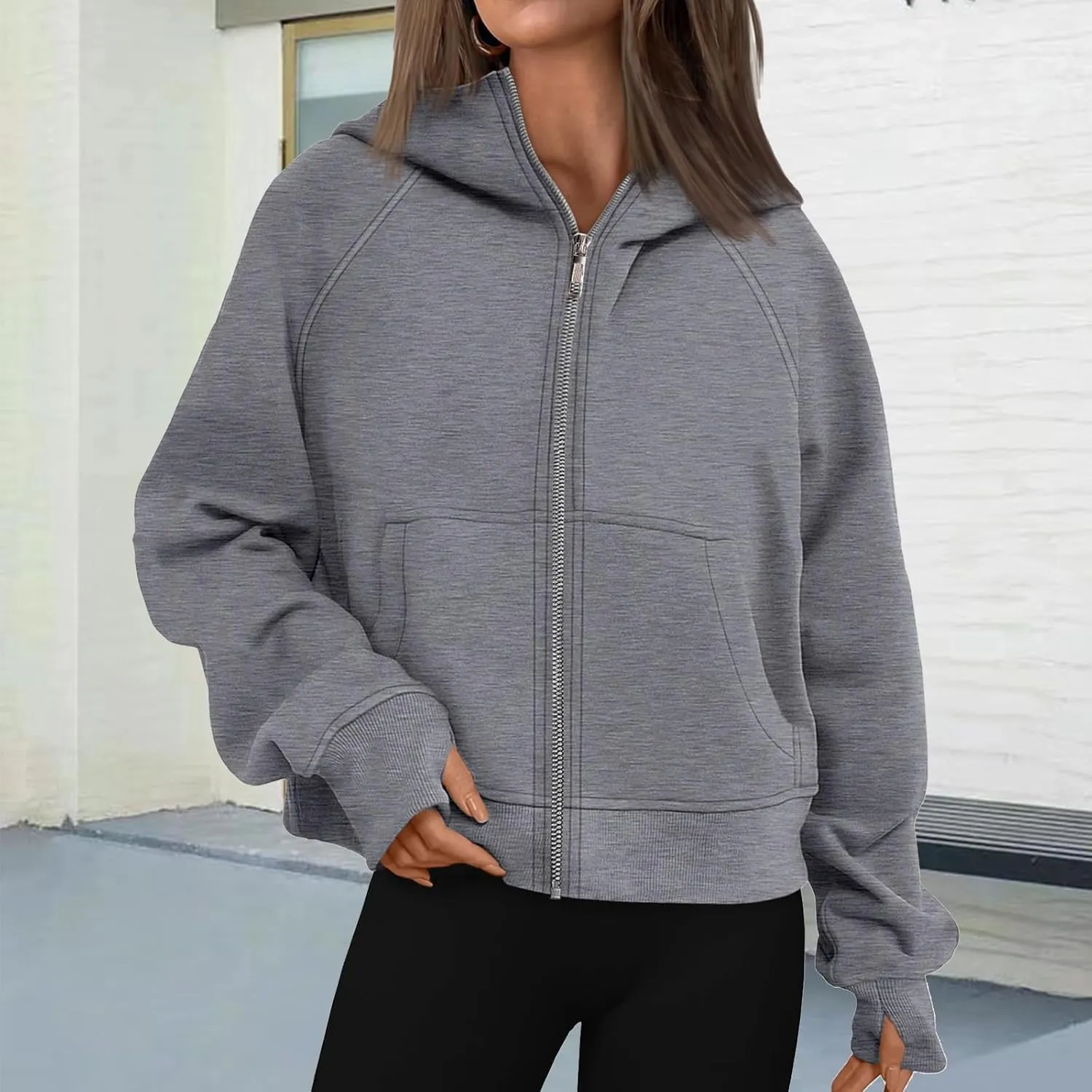 Hoodies for Women Zip Up Jacket Cropped Hoodie Fleece Oversized Sweatshirt Fall Outfits Y2K Winter Clothes Thumb Hole