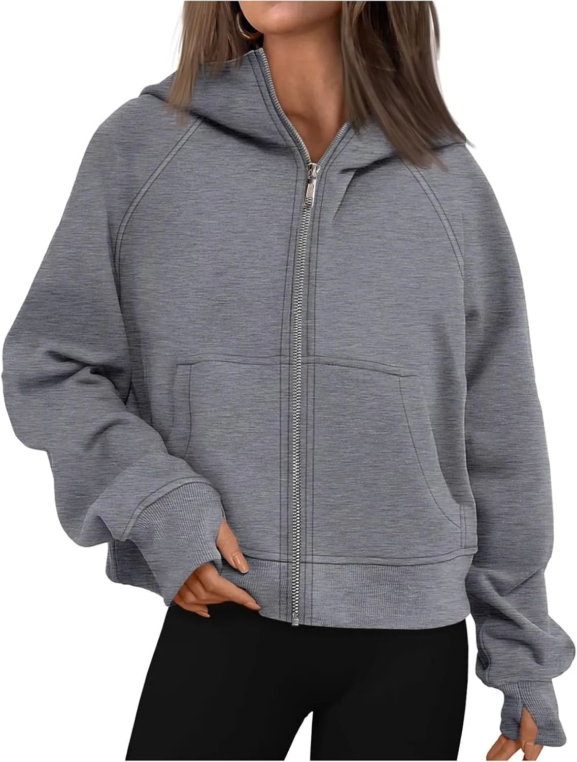 Hoodies for Women Zip Up Jacket Cropped Hoodie Fleece Oversized Sweatshirt Fall Outfits Y2K Winter Clothes Thumb Hole