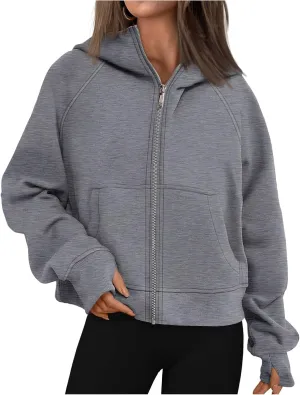 Hoodies for Women Zip Up Jacket Cropped Hoodie Fleece Oversized Sweatshirt Fall Outfits Y2K Winter Clothes Thumb Hole