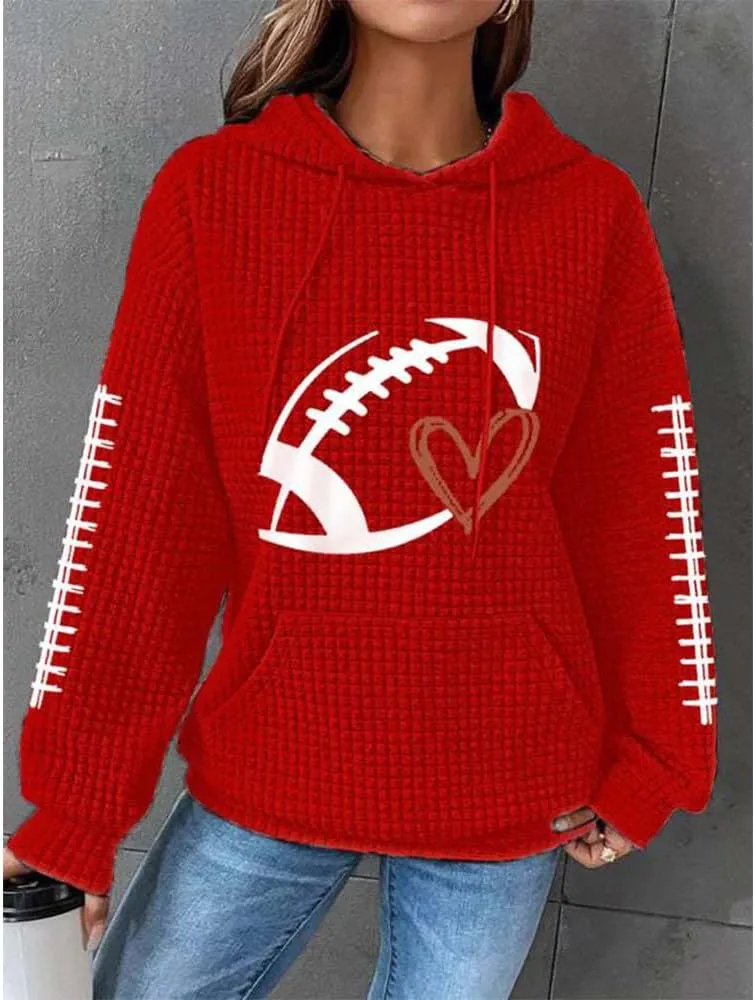 HOTYD Women Waffle Knit Hoodies Drawstring Football Graphic Game Day Sweatshirts Casual Long Sleeve Fashion Y2K Pullover
