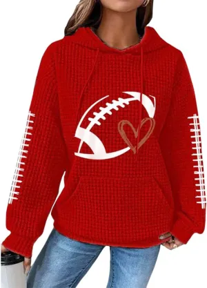 HOTYD Women Waffle Knit Hoodies Drawstring Football Graphic Game Day Sweatshirts Casual Long Sleeve Fashion Y2K Pullover