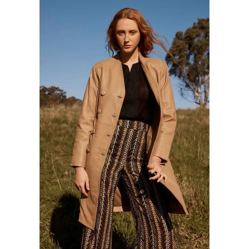 Leighton Leather Herringbone Coat | Wheat