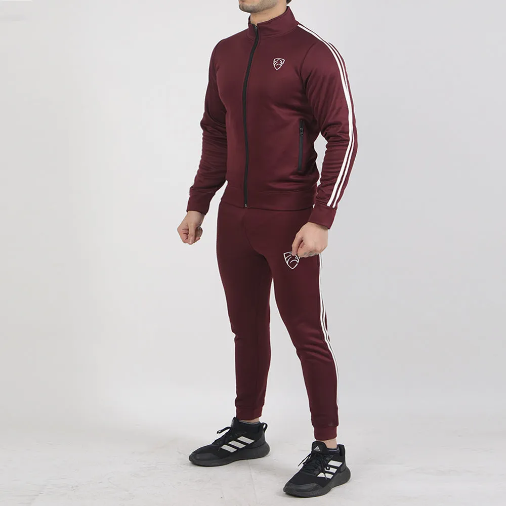 Maroon Poly Fleece Tracksuit With Two White Stripes