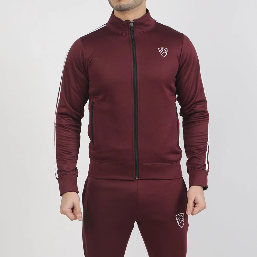 Maroon Poly Fleece Tracksuit With Two White Stripes