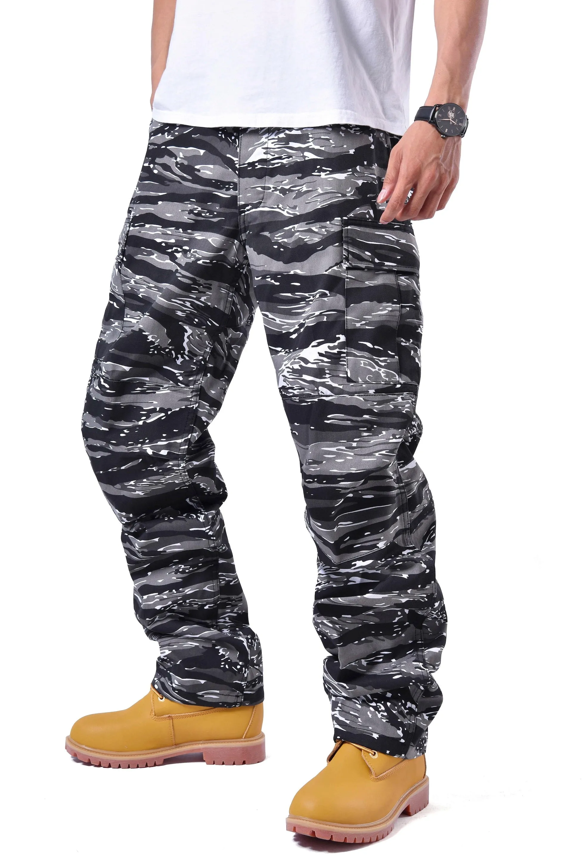 Mens Casual Multi-pocket Camouflage Cargo Pants Military Army Trousers BDU Pants Trousers with Button Fly