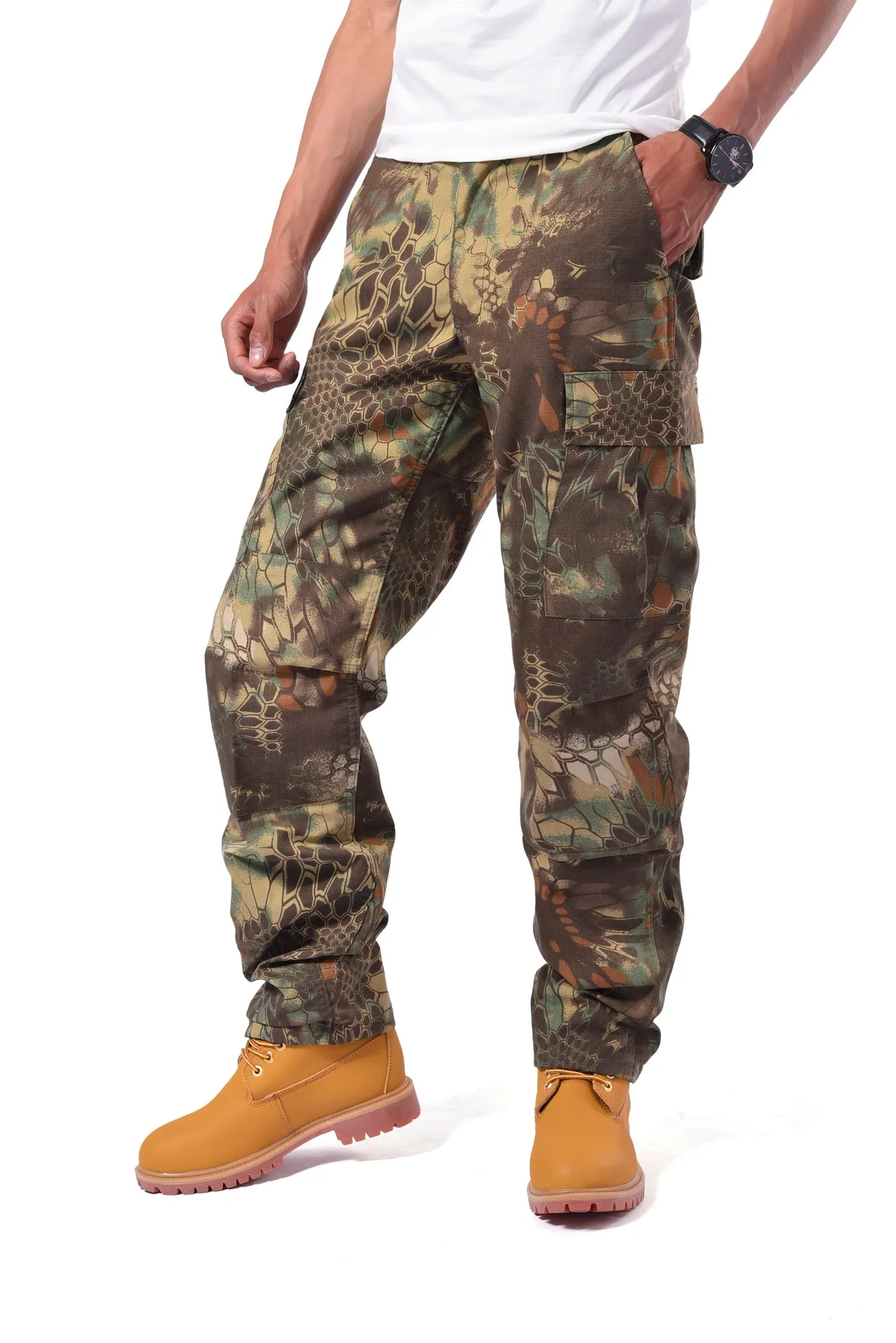 Mens Casual Multi-pocket Camouflage Cargo Pants Military Army Trousers BDU Pants Trousers with Button Fly