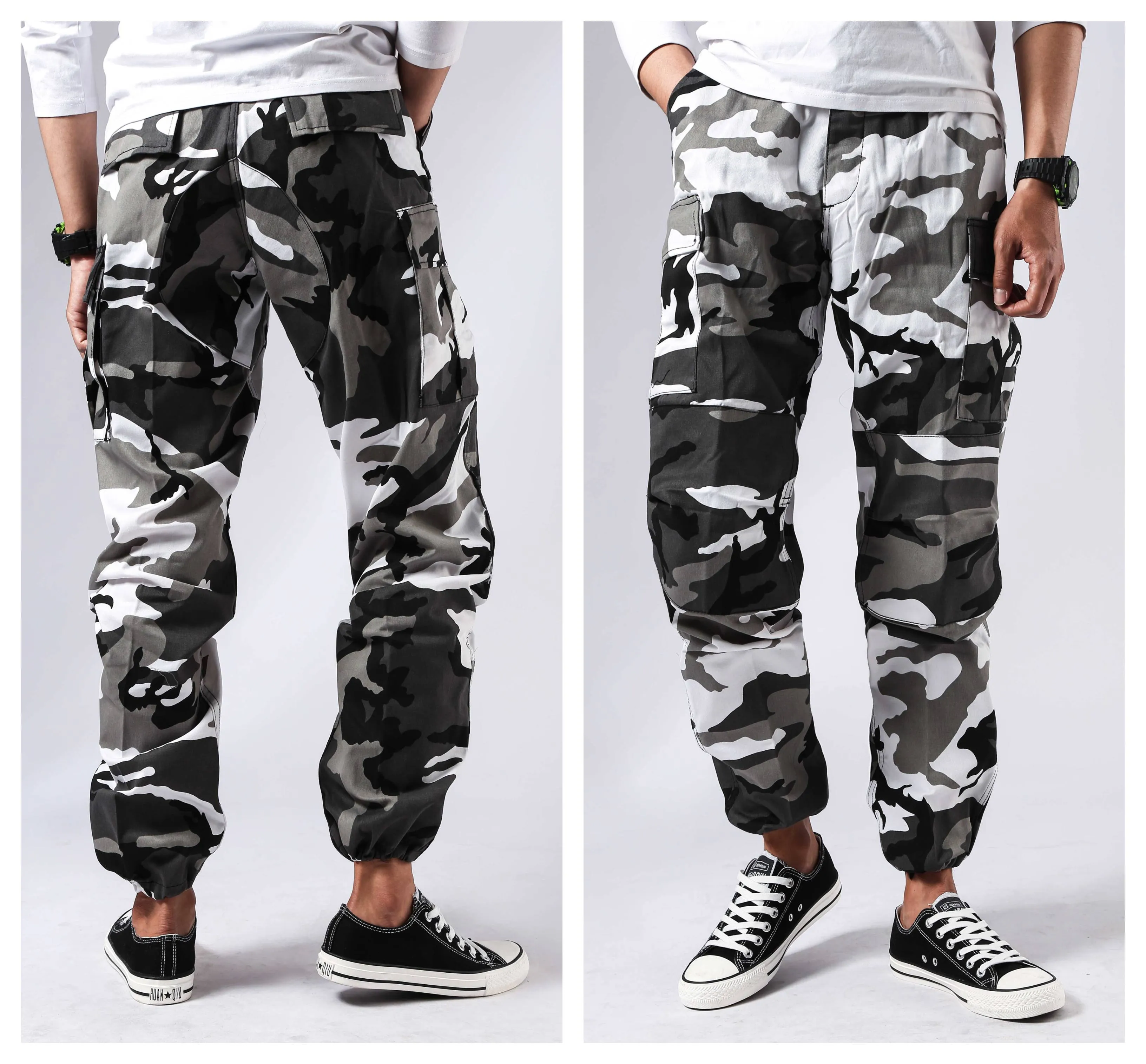 Mens Casual Multi-pocket Camouflage Cargo Pants Military Army Trousers BDU Pants Trousers with Button Fly