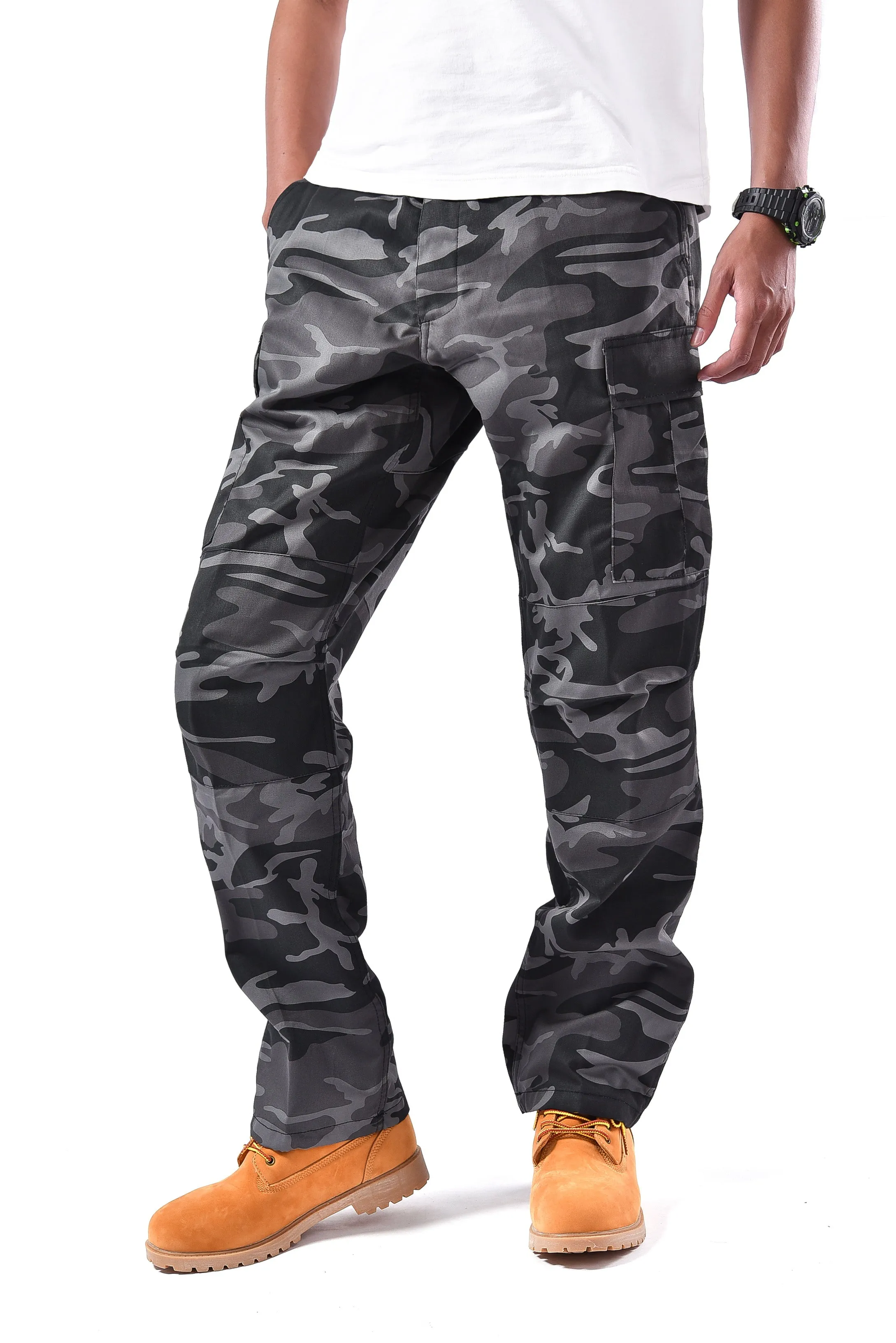 Mens Casual Multi-pocket Camouflage Cargo Pants Military Army Trousers BDU Pants Trousers with Button Fly
