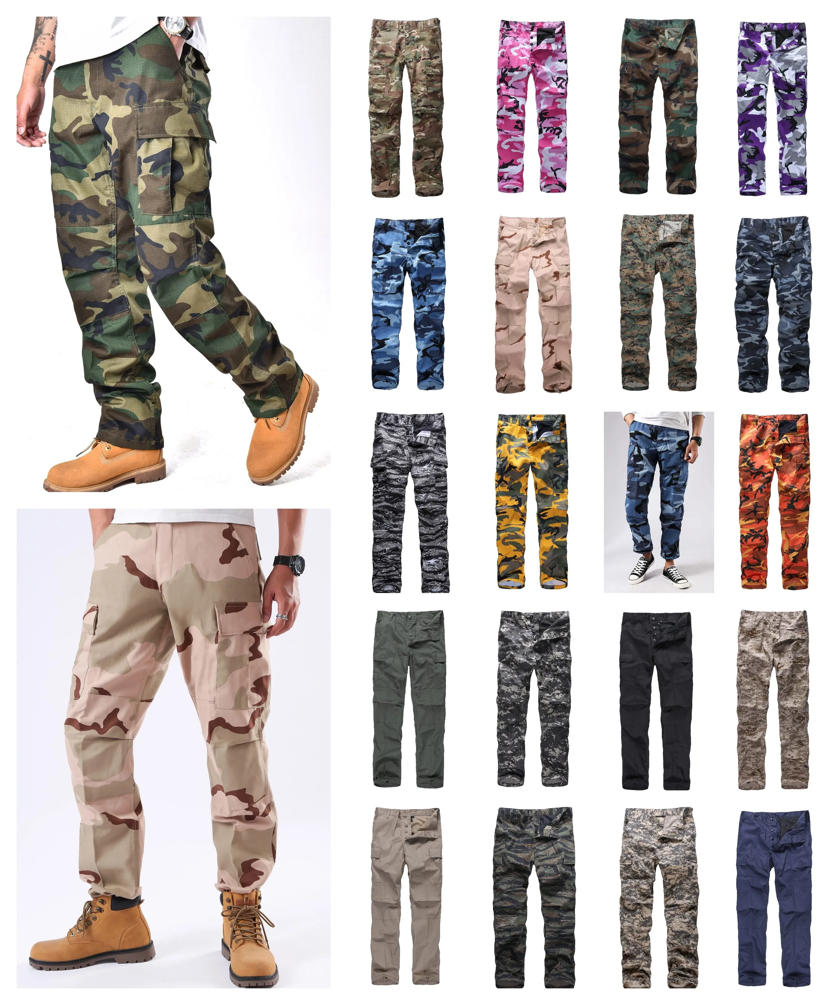 Mens Casual Multi-pocket Camouflage Cargo Pants Military Army Trousers BDU Pants Trousers with Button Fly