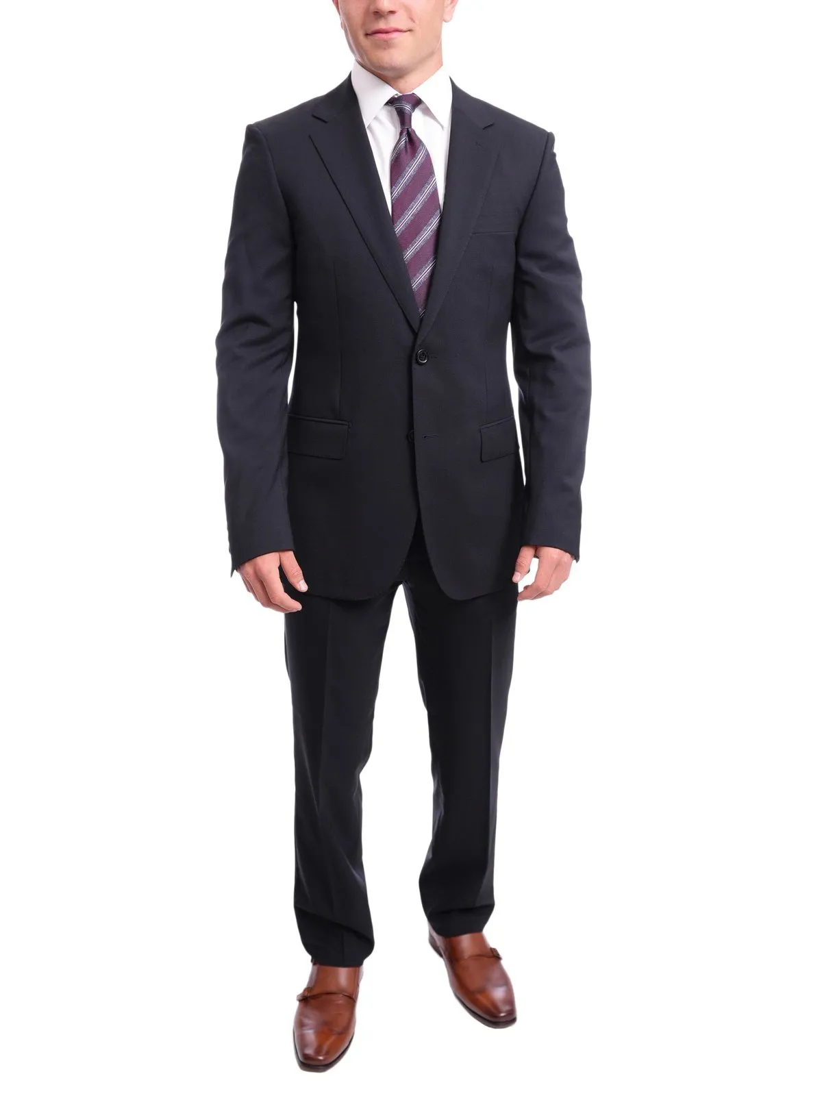 Mens Napoli Slim Fit Solid Navy Blue Half Canvassed Marzotto Wool Suit