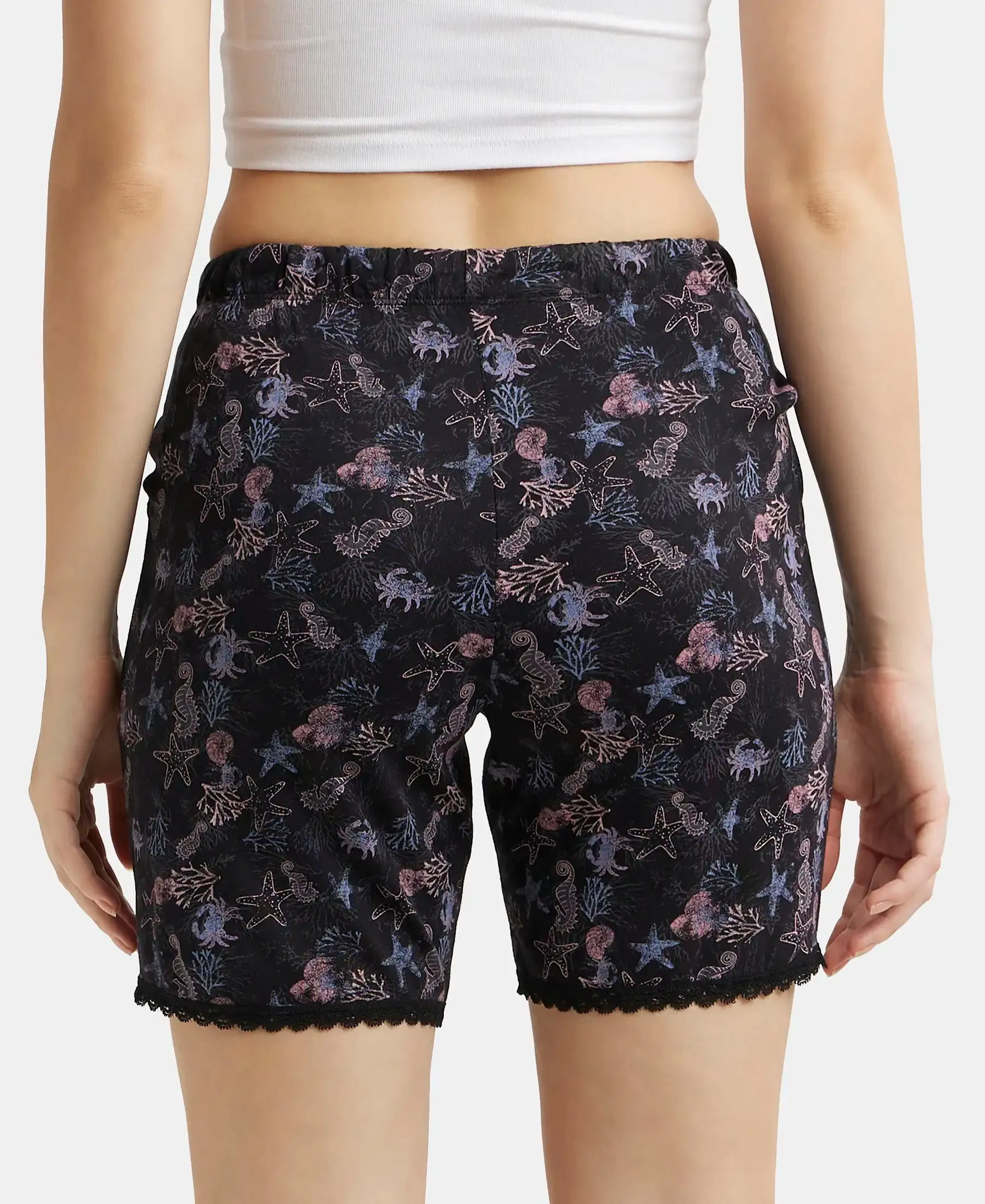 Micro Modal Cotton Relaxed Fit Printed Shorts with Side Pockets - Black