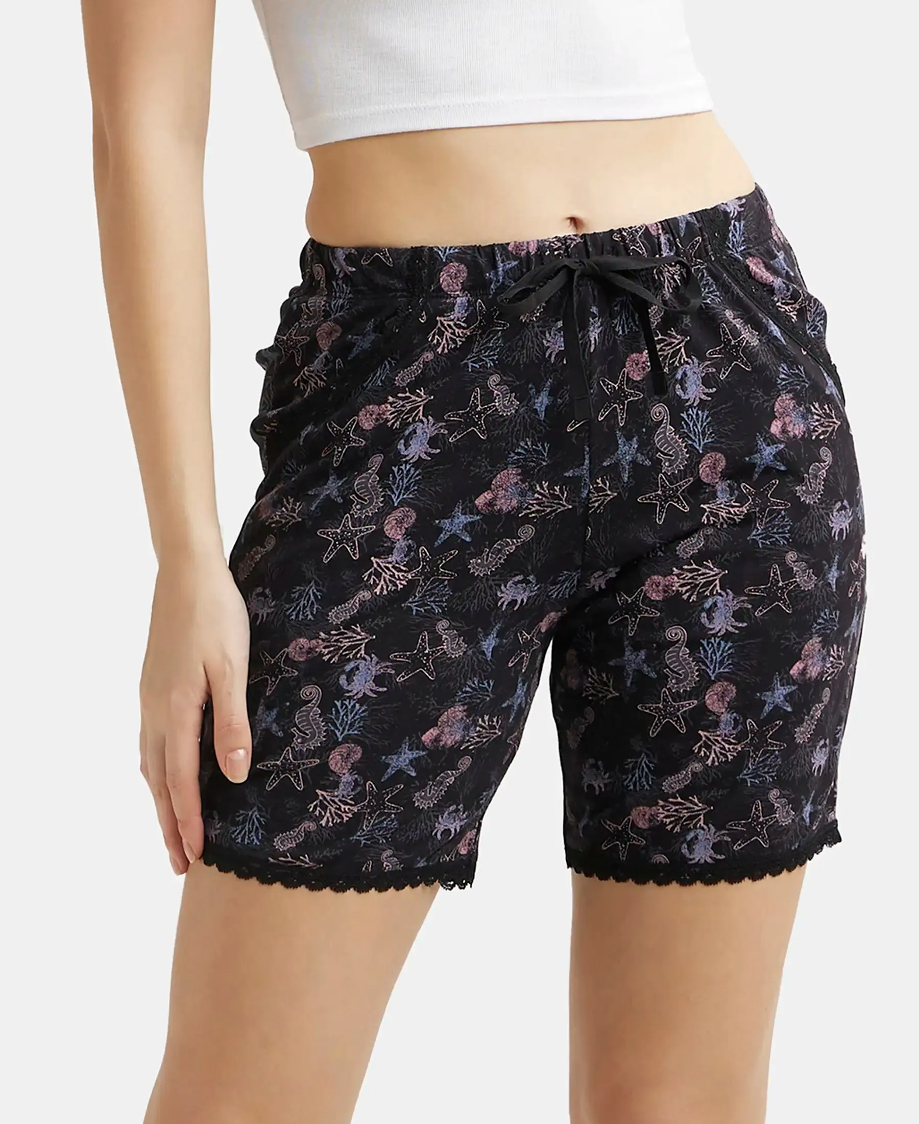 Micro Modal Cotton Relaxed Fit Printed Shorts with Side Pockets - Black
