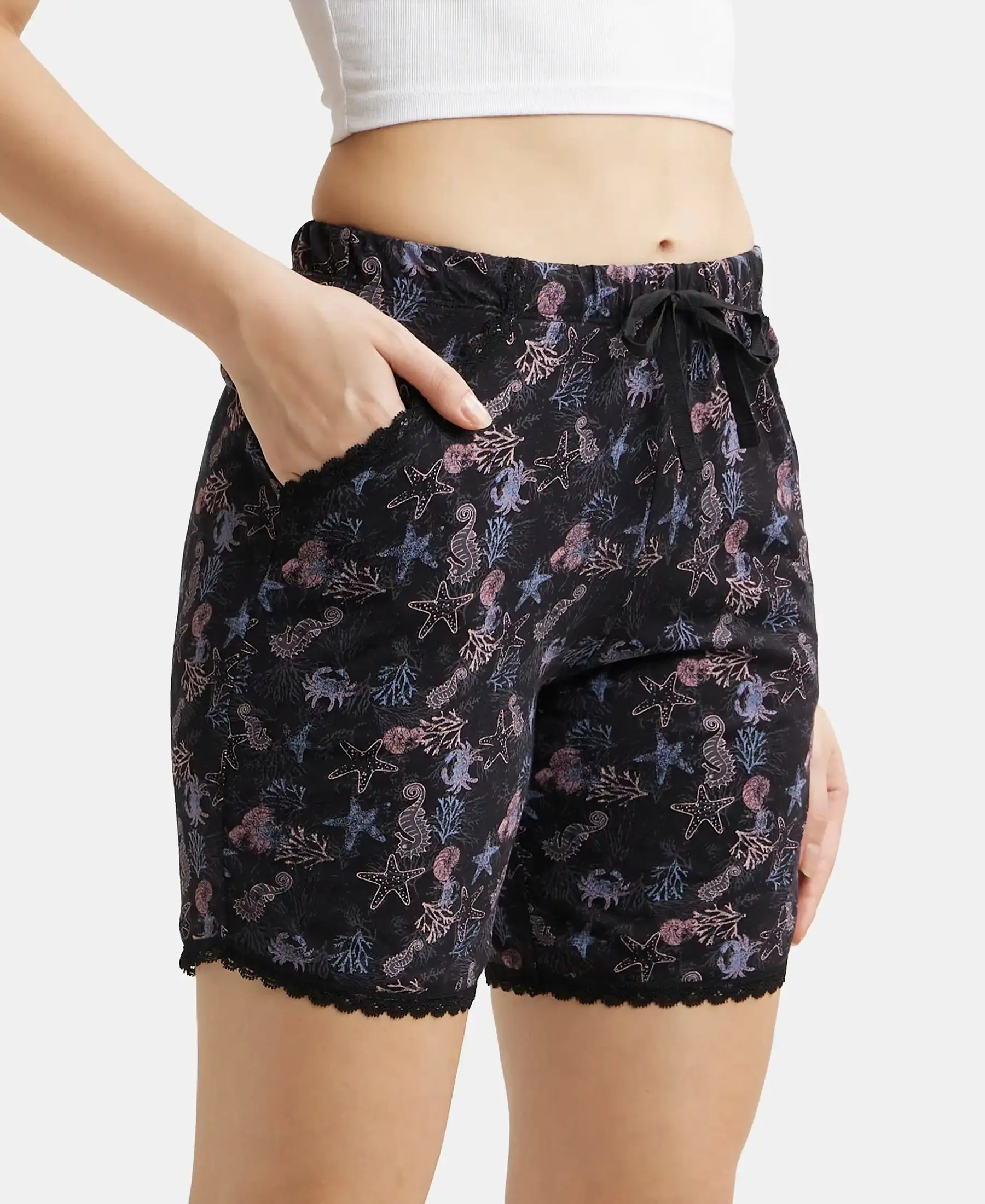 Micro Modal Cotton Relaxed Fit Printed Shorts with Side Pockets - Black