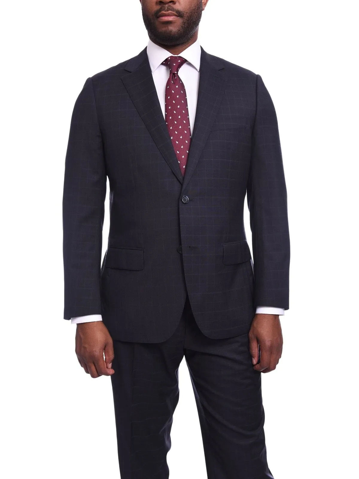 Napoli Classic Fit Navy Windowpane Plaid Half Canvassed Guabello Wool Suit