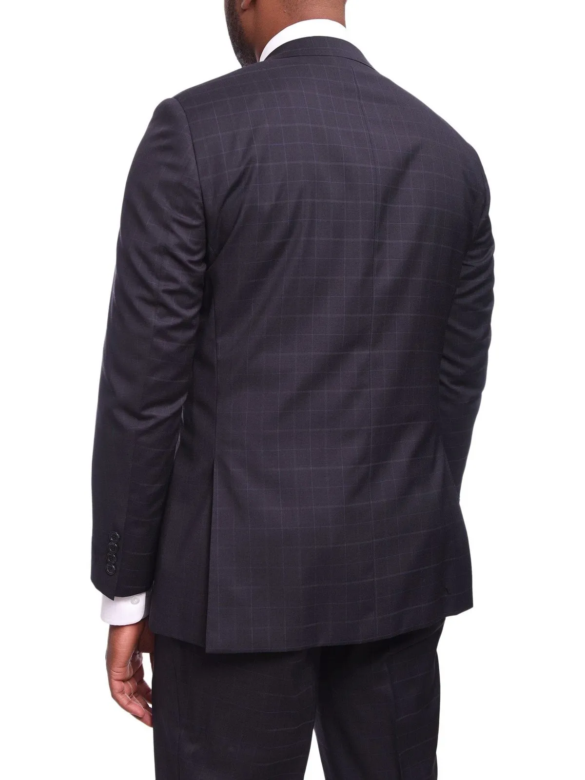 Napoli Classic Fit Navy Windowpane Plaid Half Canvassed Guabello Wool Suit