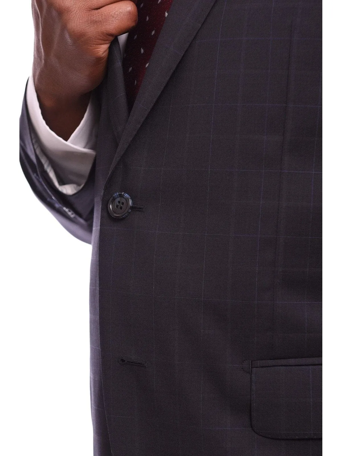 Napoli Classic Fit Navy Windowpane Plaid Half Canvassed Guabello Wool Suit