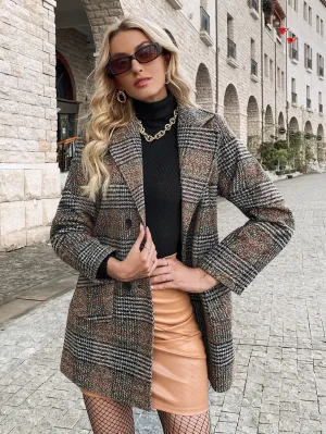 Plaid Pattern Pocket Front Double Breasted Lapel Neck Overcoat