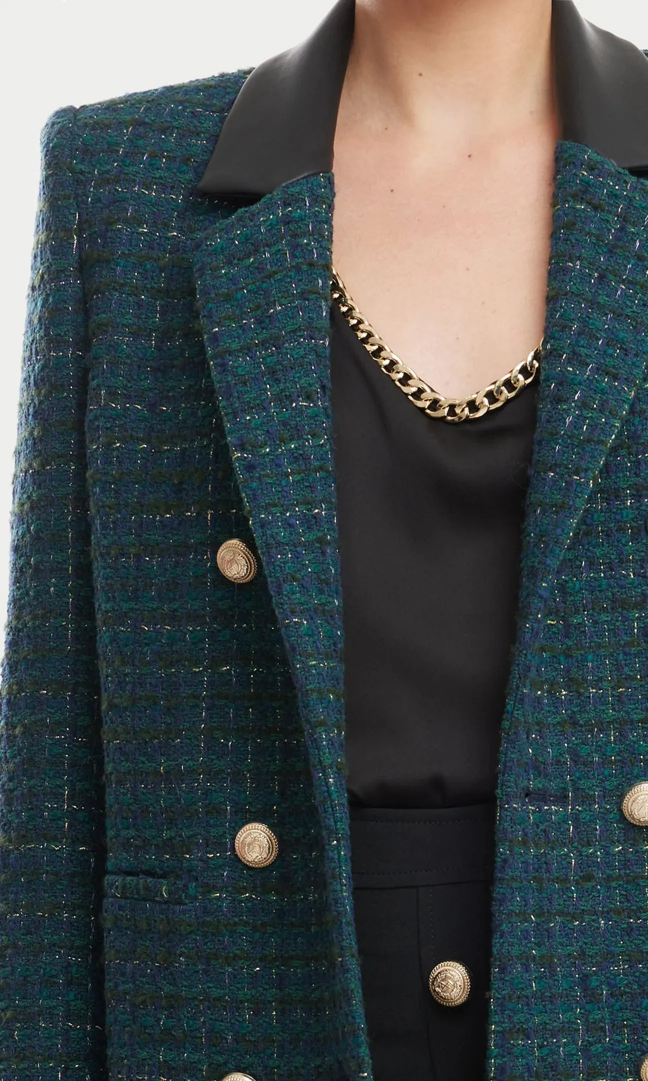 REECE VEGAN LEATHER COMBO TWEED BLAZER - HUNTER GREEN/BLACK