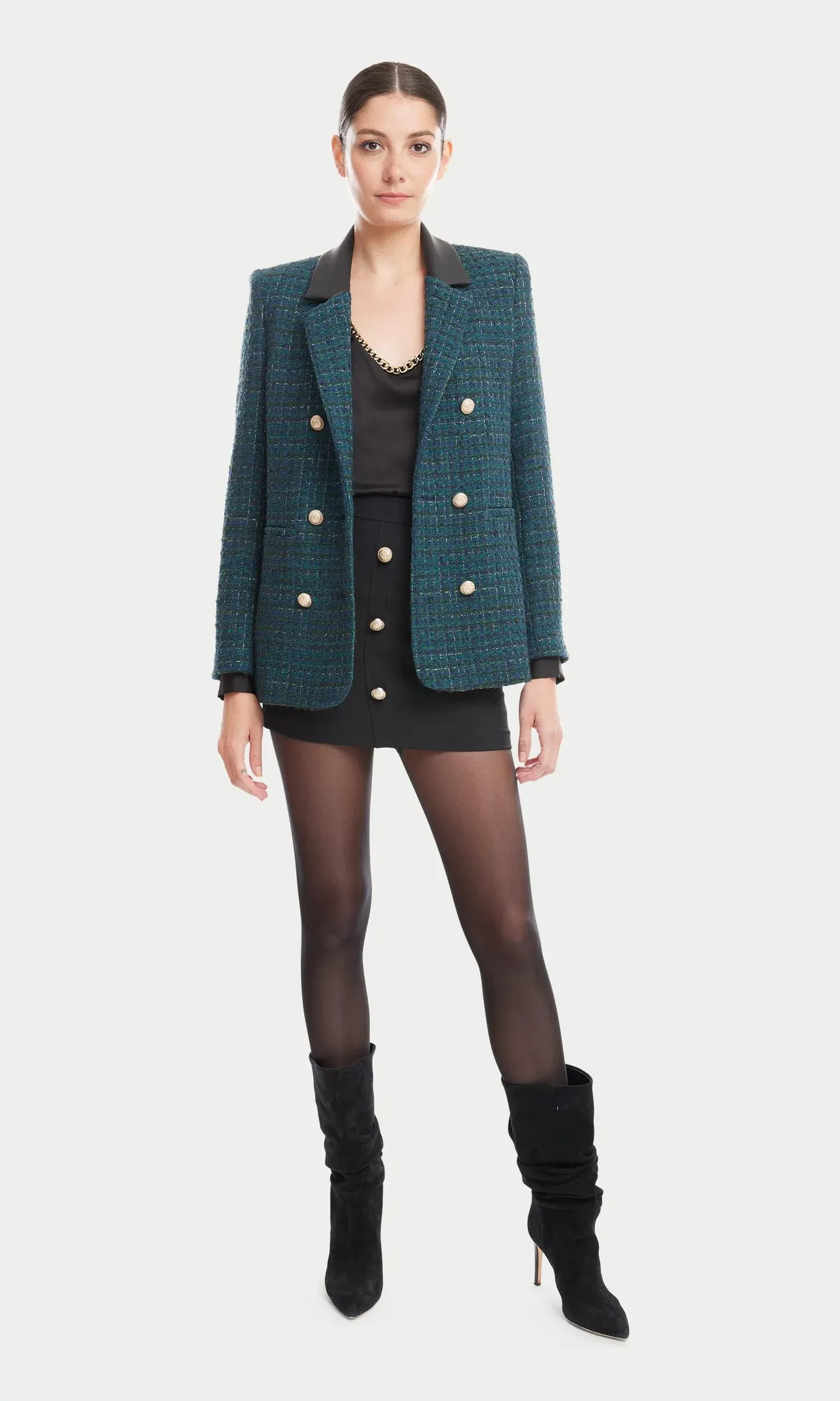REECE VEGAN LEATHER COMBO TWEED BLAZER - HUNTER GREEN/BLACK