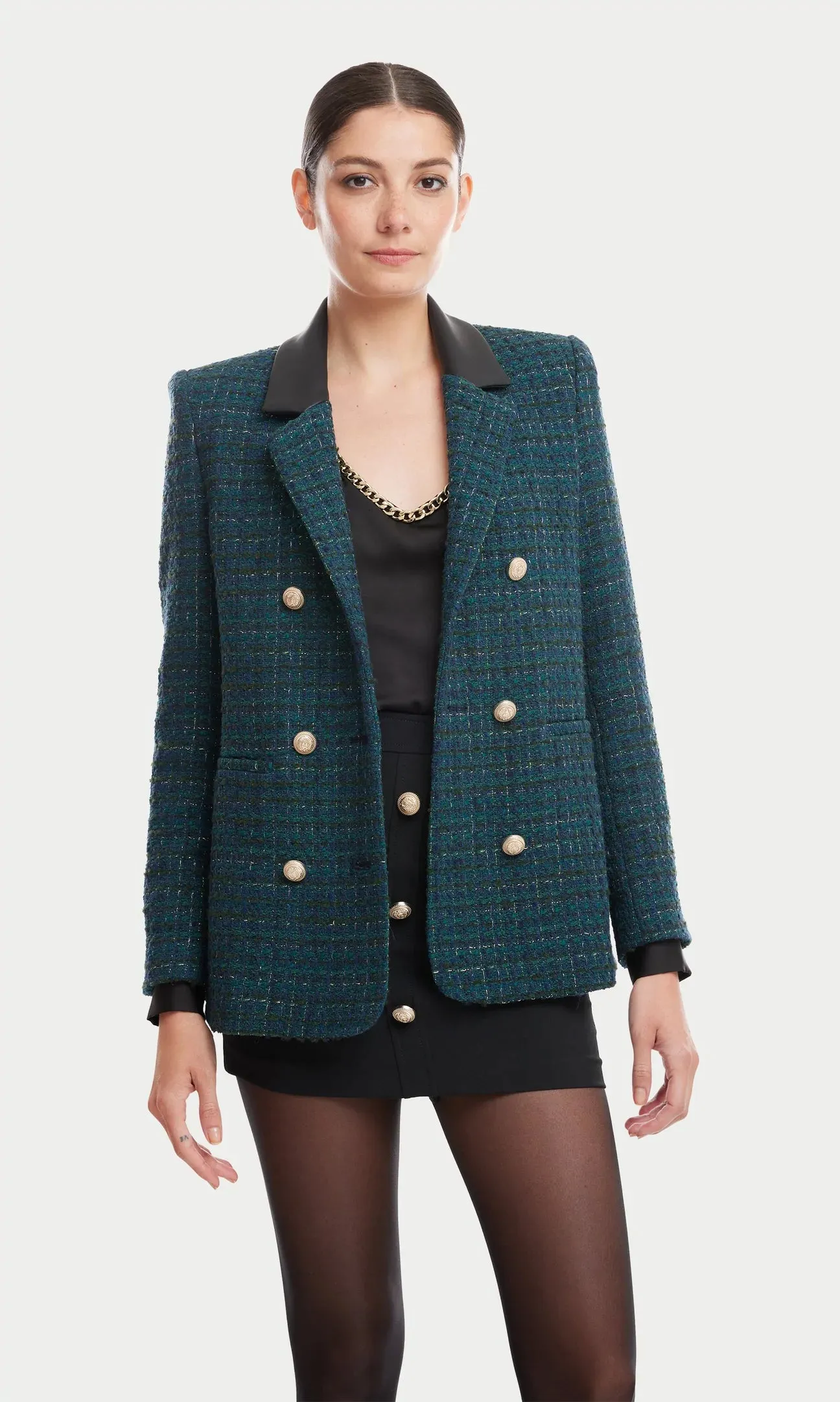 REECE VEGAN LEATHER COMBO TWEED BLAZER - HUNTER GREEN/BLACK