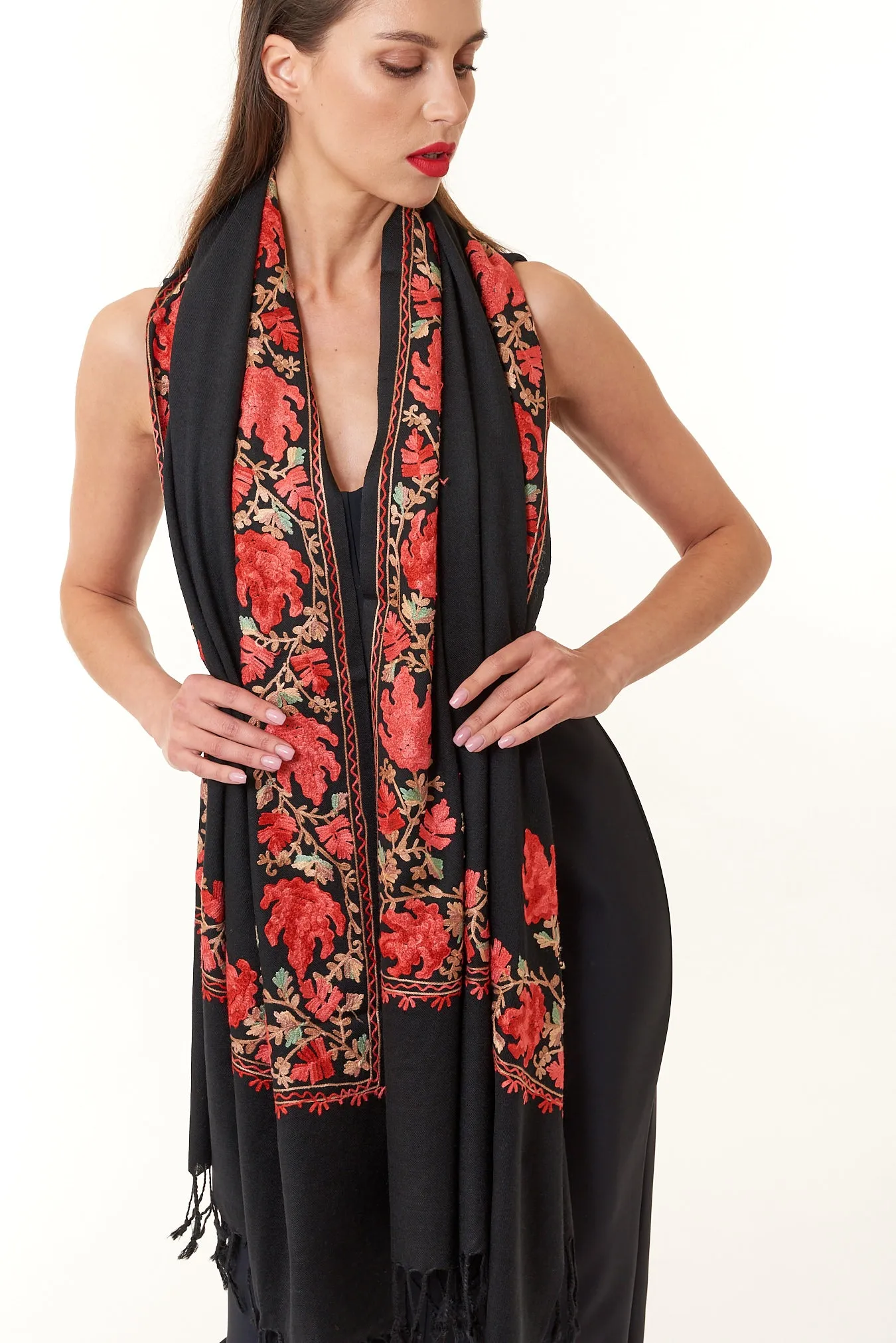 Sevya Handmade, Karuna Hand Embroidered Wool Shawl 28x72