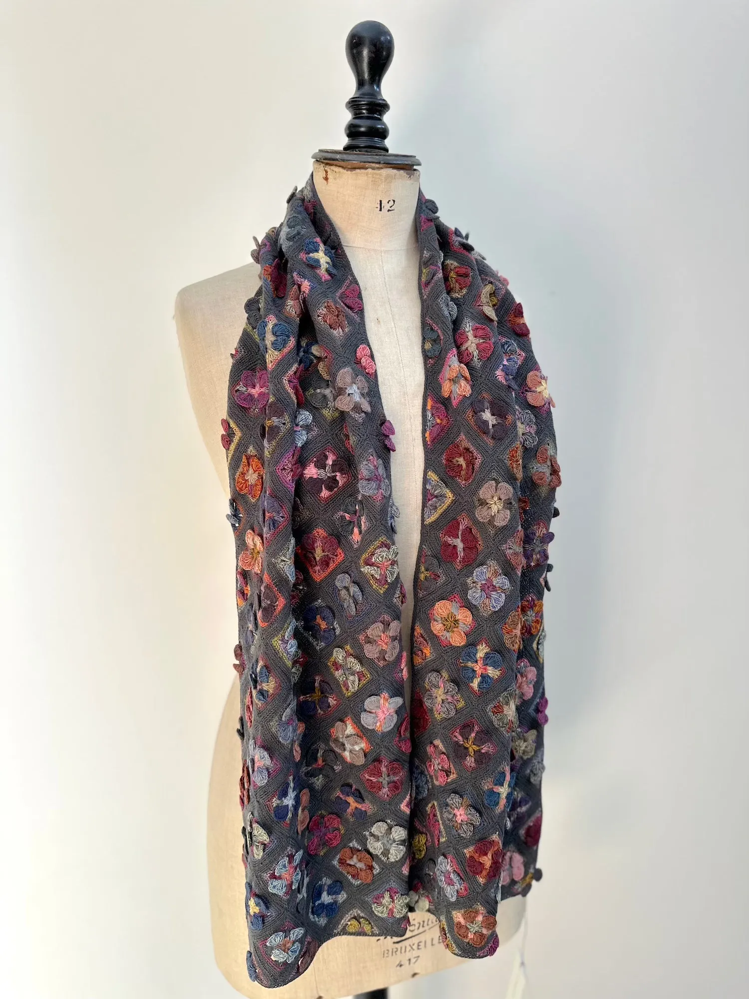 Sophie Digard Geometric Flower Applique Crochet Wool Scarf