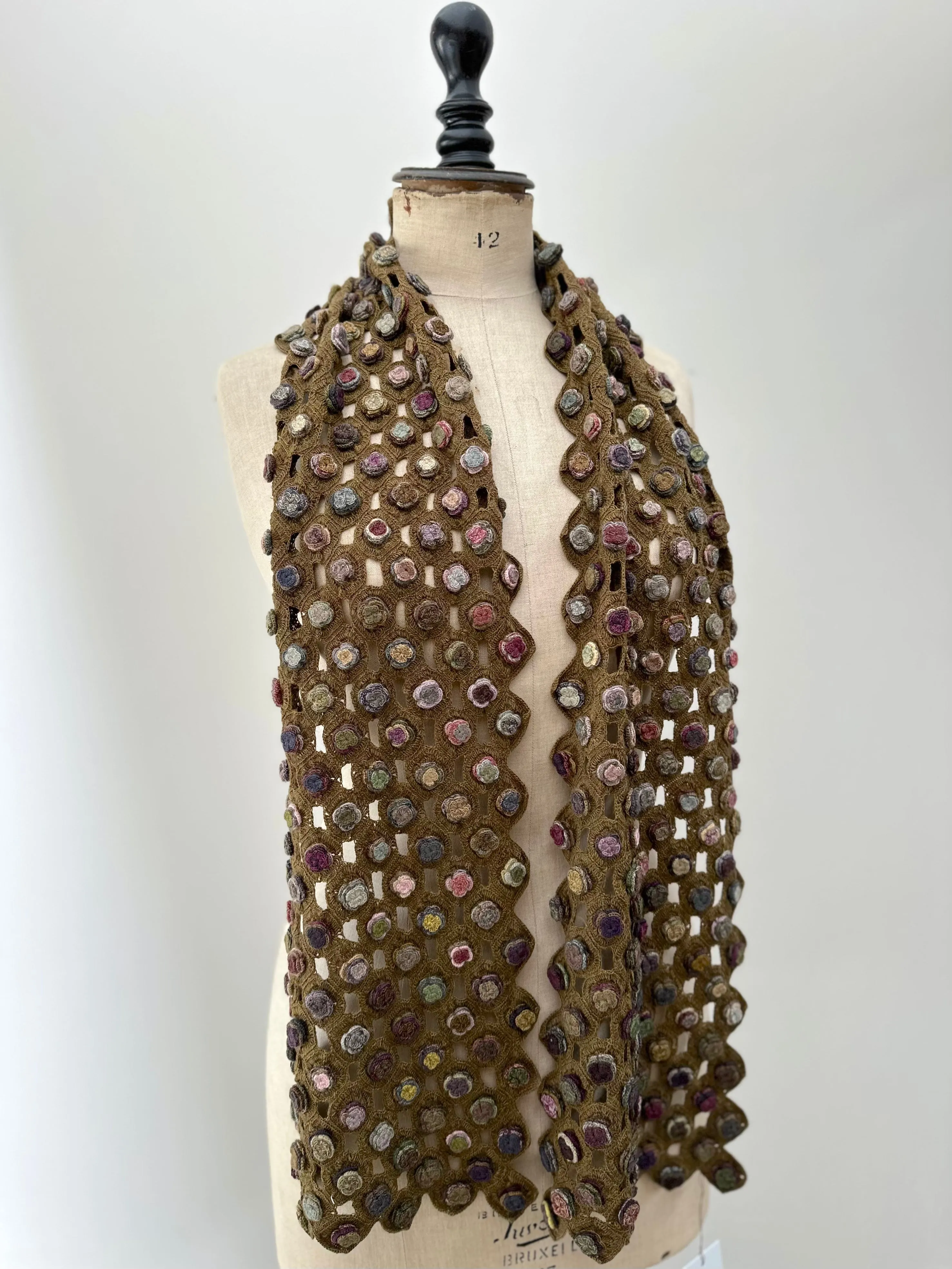 Sophie Digard Light Brown Crochet Wool Scarf With Multi Flower Applique