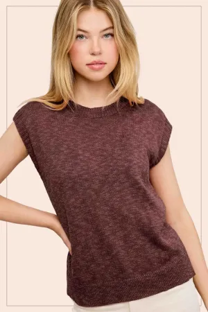 Treasured Times Chocolate Sleeveless Ribbed Knit Sweater Top