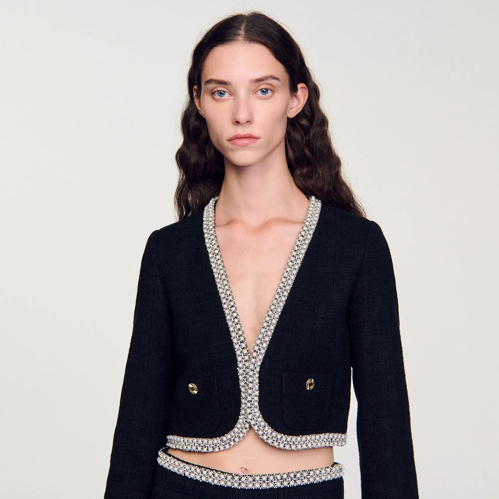 Vayene Cropped Tweed Jacket Black