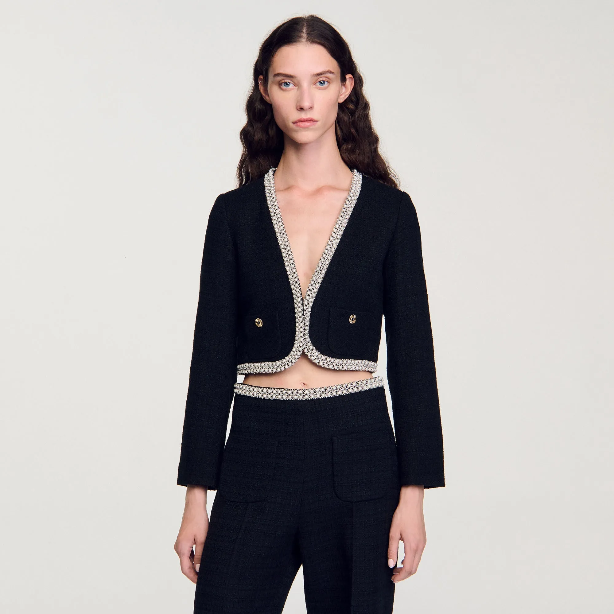Vayene Cropped Tweed Jacket Black