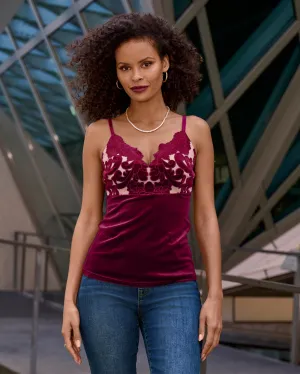 Velvet Scalloped Lace V Neck Cami Top Rumba Red