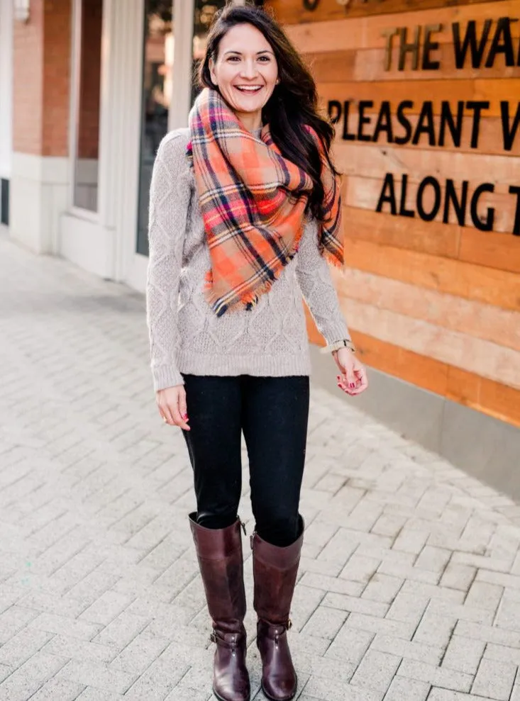 Winter Dreams Plaid Blanket Scarf In Orange