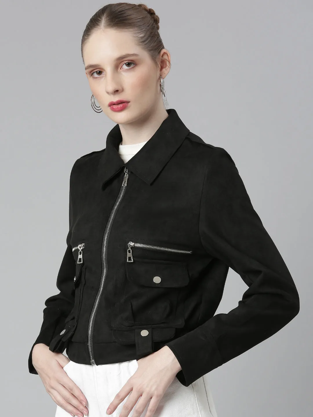 Women Black Suede Tailored Jacket