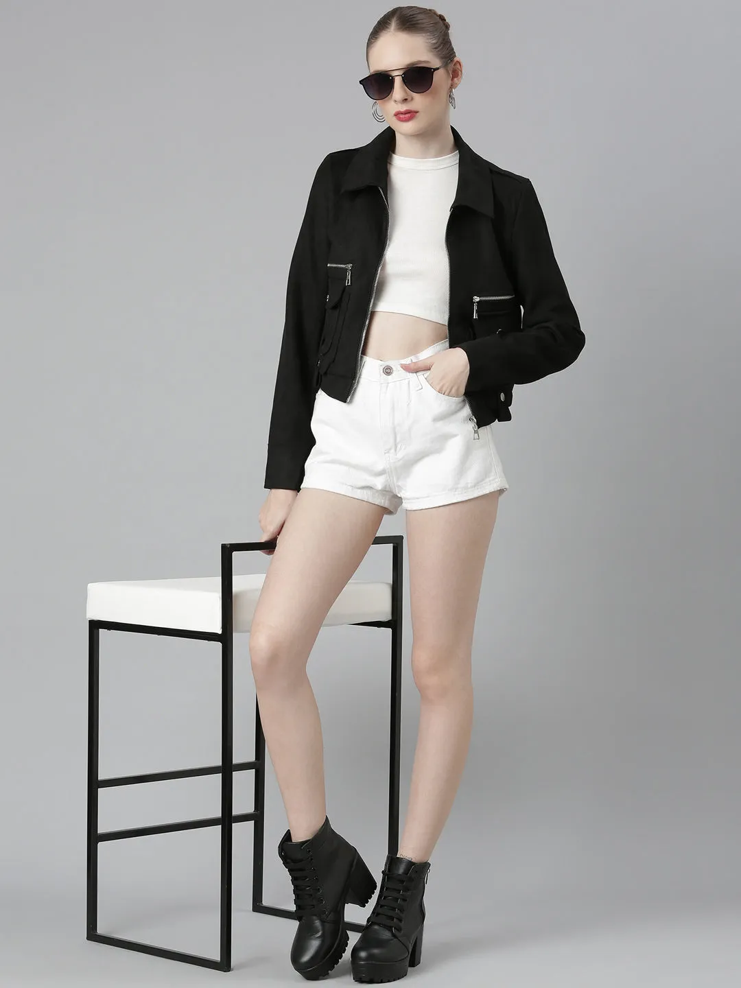 Women Black Suede Tailored Jacket