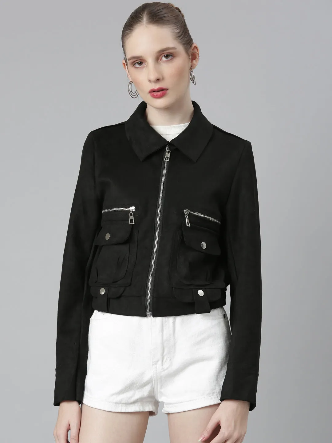 Women Black Suede Tailored Jacket
