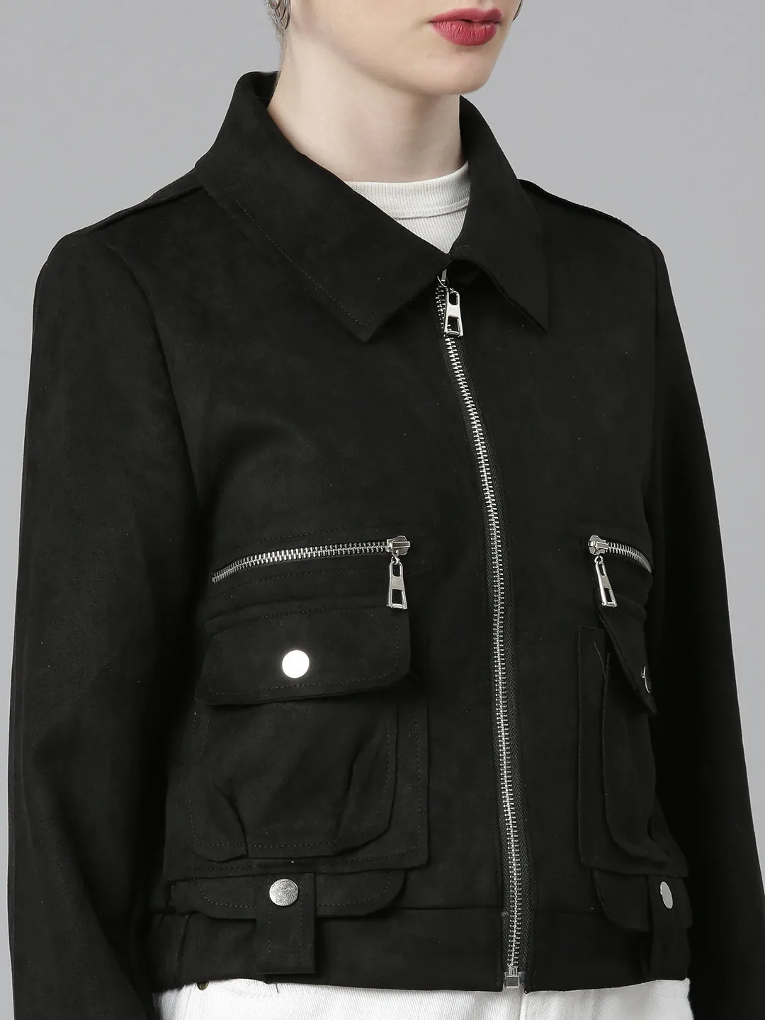Women Black Suede Tailored Jacket